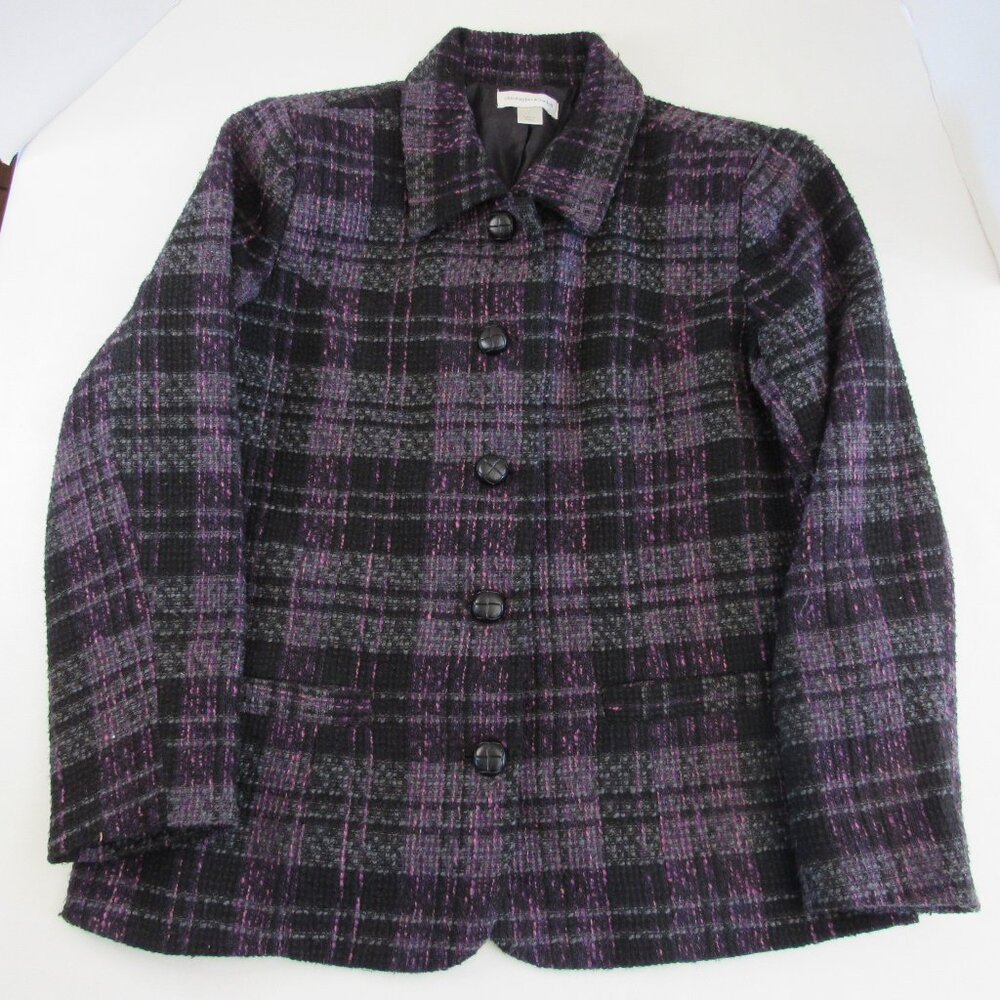 Christopher and Banks Lined Purple & Black Plaid Tweed Blazer/Jacket Size Large